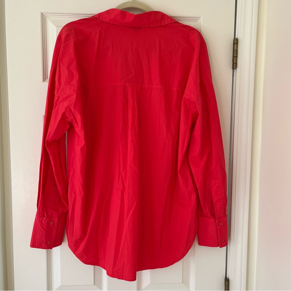 Monrow Oversized Poplin Cotton Button Down Shirt, Size Medium, Coral Red - Picture 2 of 6